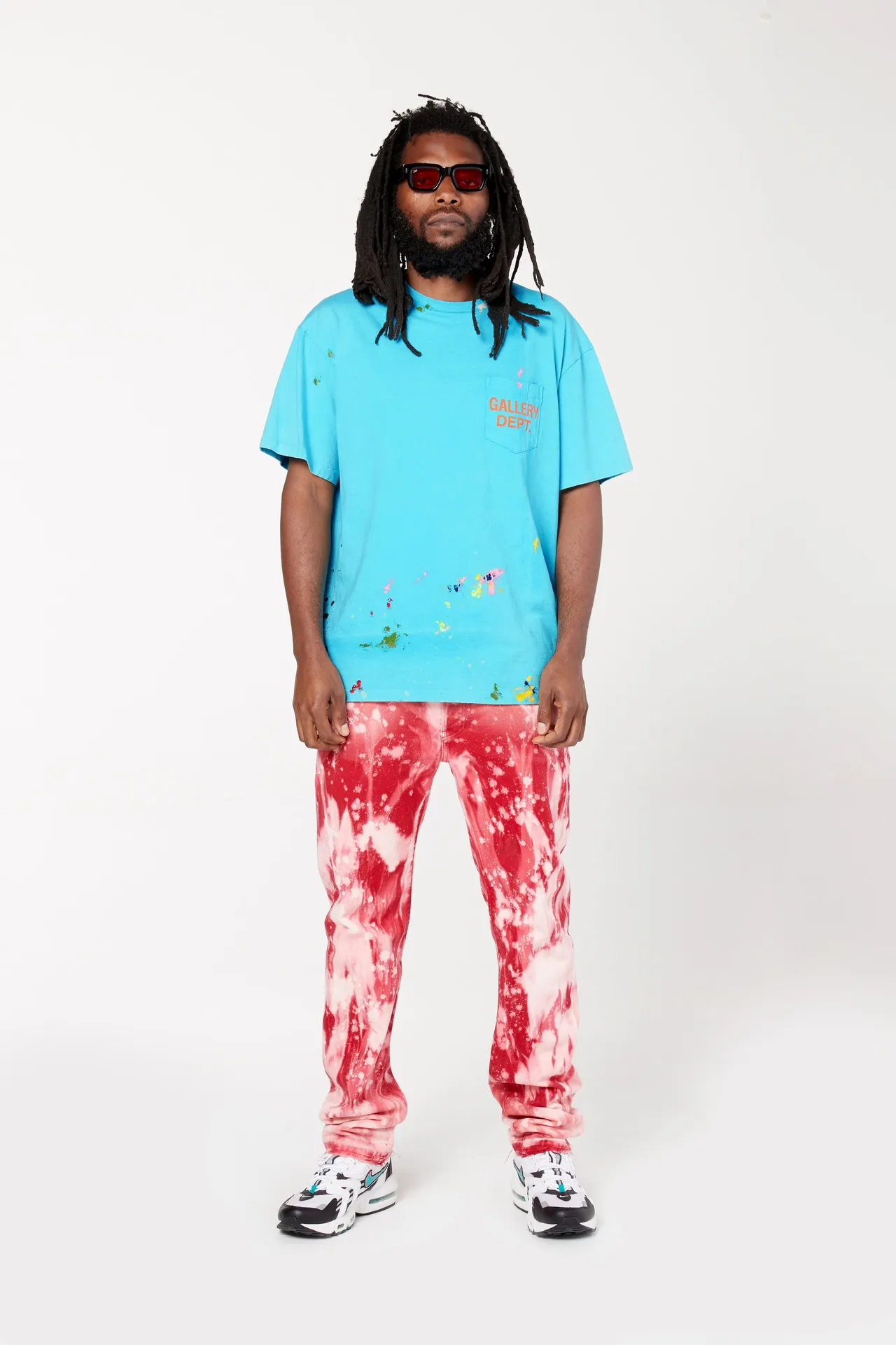 GALLERY DEPT. VINTAGE LOGO PAINTED TEE/Turquoise washed and distressed VINTAGE LOGO retro English pocket short sleeves lake blue S-XL ready-to-wear dyeing, hand-sewn and smeared with horseradish and fried with salt, very heavy industry, manufacturing dark and light fading technology, hand-splashed ink graffiti, genuine acrylic material
